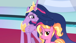 Size: 1366x768 | Tagged: safe, screencap, luster dawn, princess twilight 2.0, twilight sparkle, twilight sparkle (alicorn), alicorn, pony, the last problem, carpet, crown, jewelry, older, older twilight, peytral, regalia, teacher and student