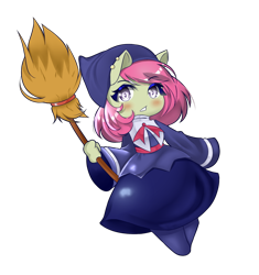 Size: 636x676 | Tagged: safe, artist:sweeteater, oc, oc only, oc:spicy flavor, anthro, broom, chibi, clothes, cosplay, costume, cute, female, hat, looking at you, not apple bloom, piercing, puyo puyo, simple background, solo, transparent background, witch (puyo puyo), witch costume