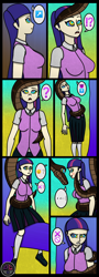 Size: 1442x4000 | Tagged: safe, artist:ordeperv, twilight sparkle, human, snake, comic:twilight and kaa, abstract background, clothes, coils, crossover, devil horns, exclamation point, humanized, interrobang, kaa, kaa eyes, looking up, mind control, pictogram, question mark, 🚫