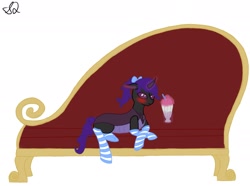 Size: 1610x1196 | Tagged: safe, artist:snow quill, oc, oc only, changeling, blushing, changeling oc, clothes, magic, milkshake, purple changeling, simple background, socks, sofa, solo, striped socks, white background