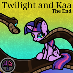 Size: 630x630 | Tagged: safe, artist:ordeperv, twilight sparkle, twilight sparkle (alicorn), alicorn, pony, comic:twilight and kaa, abstract background, crossover, kaa, kaa eyes, looking up, mind control, peril, petting