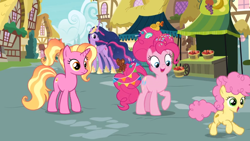 Size: 1364x768 | Tagged: safe, derpibooru import, edit, edited screencap, screencap, li'l cheese, luster dawn, pinkie pie, princess twilight 2.0, twilight sparkle, twilight sparkle (alicorn), alicorn, earth pony, pony, unicorn, the last problem, apple, building, colt, crown, female, food, house, jewelry, male, older, older pinkie pie, older twilight, peytral, ponyville, regalia, streamers, wheel