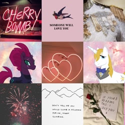 Size: 1080x1080 | Tagged: safe, editor:moodboards-are-magic, fizzlepop berrytwist, prince blueblood, tempest shadow, pony, berryblood, collage, female, male, moodboard, pretty pretty tempest, shipping, straight