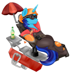 Size: 800x800 | Tagged: safe, artist:elimicho, oc, oc only, oc:dial liyon, pony, unicorn, cider, engineer, hard hat, rancho relaxo, simple background, sitting, solo, team fortress 2, transparent background