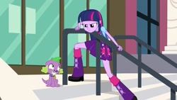 Size: 1920x1080 | Tagged: safe, screencap, spike, twilight sparkle, dog, equestria girls, equestria girls (movie), angry, canterlot high, clothes, female, leg warmers, male, pleated skirt, shoes, skirt, spike the dog, spike's dog collar