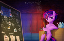 Size: 4000x2569 | Tagged: safe, artist:foxpit, twilight sparkle, pony, unicorn, sparkle's seven, :j, ak, ak-47, alternate hairstyle, assault rifle, bipedal, bipedal leaning, blueprint, brick wall, chalkboard, crown, dollar, female, fluffy, gun, hard-won helm of the sibling supreme, leaning, looking at you, mare, polaroid, punklight sparkle, rifle, smoking gun, sofa, solo, tongue out, wanted poster, weapon, window