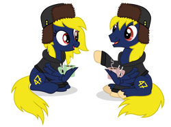 Size: 1024x757 | Tagged: safe, artist:dragonchaser123, oc, oc only, oc:naveen numbers, oc:navy numbers, pegasus, pony, 2020 community collab, brother and sister, clothes, coffee, derpibooru community collaboration, female, hat, hoodie, male, siblings, simple background, talking, transparent background, ushanka, wing hold