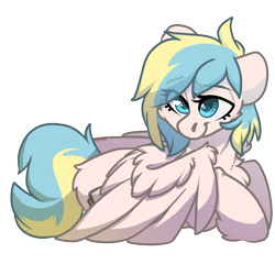 Size: 2000x2000 | Tagged: safe, artist:spoopygander, oc, oc:camellia sky, pegasus, pony, cheek fluff, chest fluff, cute, cutie mark, eyelashes, female, fluffy butt, looking at you, looking up, mare, multicolored hair, smiling, unshorn fetlocks, wing fluff, wings