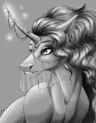 Size: 2894x3684 | Tagged: safe, artist:faline-art, saffron masala, pony, unicorn, ear piercing, earring, female, glowing horn, grayscale, hoers, horn, horn jewelry, jewelry, mare, monochrome, piercing, signature, smiling, solo, veil