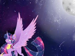 Size: 1024x768 | Tagged: safe, artist:bbru4r, twilight sparkle, twilight sparkle (alicorn), alicorn, pony, female, horn, jewelry, moon, night, regalia, shooting star, solo, spread wings, stars, wings