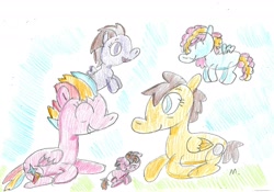 Size: 1844x1294 | Tagged: safe, artist:ptitemouette, oc, oc:crash test, oc:garnet pebble, oc:saphire light, oc:sky bolt, oc:thunder quartz, pony, baby, baby pony, female, filly, mother and child, mother and daughter, oc x oc, offspring, offspring shipping, offspring's offspring, parent and child, parent:oc:crash test, parent:oc:garnet pebble, parent:oc:quick silver, parent:oc:speed flash, parent:oc:sunshine sparkle, parent:oc:surprise, parents:oc x oc, shipping, siblings, sisters, traditional art