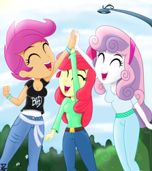 Size: 3000x3360 | Tagged: safe, artist:theretroart88, apple bloom, scootaloo, sweetie belle, equestria girls, clothes, cutie mark crusaders, female, high five, older, older apple bloom, older scootaloo, older sweetie belle, smiling