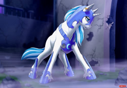 Size: 1920x1344 | Tagged: safe, artist:wwredgrave, oc, oc only, oc:snowflake, pony, unicorn, ear piercing, earring, female, helmet, jewelry, looking to side, looking to the right, mare, nightmare moon armor, piercing, ruins, solo, unshorn fetlocks