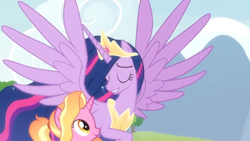 Size: 1366x768 | Tagged: safe, screencap, luster dawn, princess twilight 2.0, twilight sparkle, twilight sparkle (alicorn), alicorn, pony, the last problem, eyes closed, older, older twilight, spread wings, wings