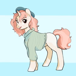 Size: 2048x2048 | Tagged: safe, artist:bokkitoki, oc, oc only, oc:pastel charms, pony, unicorn, beret, clothes, female, hat, mare, solo, sweater