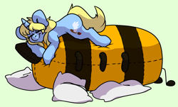 Size: 3539x2136 | Tagged: safe, artist:spoopygander, oc, oc:art's desire, bee, pony, unicorn, blushing, cute, cutie mark, female, giant plushie, horn, mare, pillow, plushie, sleeping, smiling, solo