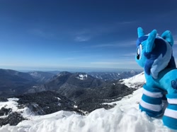 Size: 4032x3021 | Tagged: safe, oc, oc only, oc:spacelight, pony, unicorn, clothes, female, mare, mountain, photo, plushie, russia, scenery, snow, socks, solo, striped socks, winter