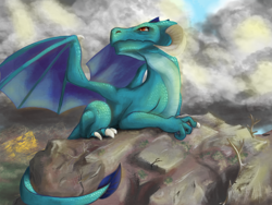 Size: 2000x1500 | Tagged: safe, artist:t72b, derpibooru exclusive, princess ember, dragon, atg 2019, cloud, lying down, mountain, newbie artist training grounds, older, rock, scenery, solo