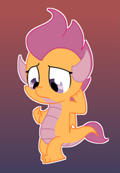 Size: 1249x1791 | Tagged: safe, artist:andromedasparkz, scootaloo, dragon, arm behind head, atg 2019, dragonified, female, newbie artist training grounds, scootadragon, simple background, solo, species swap, worried