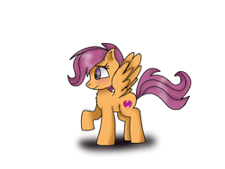 Size: 1024x768 | Tagged: safe, artist:badimo, scootaloo, pegasus, pony, blushing, chest fluff, female, filly, foal, raised eyebrow, raised hoof, shadow, signature, simple background, smiling, solo, standing, white background, wings