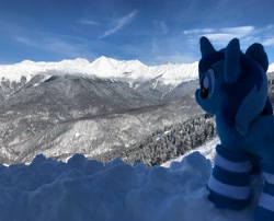 Size: 3736x3021 | Tagged: safe, oc, oc only, oc:spacelight, pony, unicorn, clothes, female, mare, mountain, photo, plushie, russia, scenery, snow, socks, solo, striped socks, winter