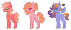 Size: 2430x1030 | Tagged: safe, artist:lekewlcheese, oc, oc only, alicorn, earth pony, pony, unicorn, blank flank, ethereal mane, floating wings, freckles, offspring, parent:big macintosh, parent:fluttershy, parent:princess luna, parent:sugar belle, parents:fluttermac, parents:lunamac, parents:sugarmac, pixel art, simple background, starry mane, transparent background, wings