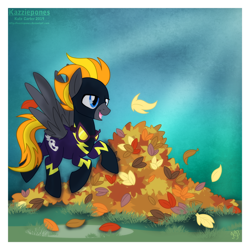 Size: 1024x1024 | Tagged: safe, artist:kazziepones, oc, oc only, oc:blaze (shadowbolt), pegasus, pony, clothes, costume, leaf, leaf pile, leaves, male, shadowbolts costume, solo, stallion