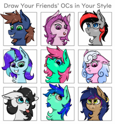 Size: 835x900 | Tagged: safe, artist:luriel maelstrom, oc, oc only, oc:calculator, oc:editz khun, oc:frostie, oc:haiky haiku, oc:minty split, oc:miraisora, oc:shadie, oc:starline moongazer, oc:warly, bat pony, pony, bat pony oc, challenge, chest fluff, derp, fangs, grumpy, looking at you, piercing, smiling, tongue out, two toned mane