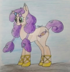 Size: 1024x1057 | Tagged: safe, artist:rainbowmoon27, oc, oc only, oc:taffy swirl, pony, unicorn, female, hoof shoes, horn, parent:pinkie pie, signature, smiling, solo, traditional art, unicorn oc