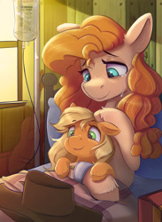 Size: 2200x3000 | Tagged: safe, artist:ardail, derpibooru import, applejack, pear butter, earth pony, pony, applejack's hat, ardail is trying to murder us, bed, bittersweet, cowboy hat, crying, cute, daaaaaaaaaaaw, ear fluff, emotional, feels, female, filly, floppy ears, freckles, guitar, hat, high res, hnnng, hospital, hospital bed, indoors, iv bag, jackabetes, lidded eyes, mother and child, mother and daughter, open mouth, parent and child, pearabetes, sad, sadorable, siblings, smiling, tearjerker, tears of joy, weapons-grade cute, younger