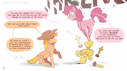 Size: 3840x2162 | Tagged: safe, artist:icychamber, derpibooru import, applejack, pinkie pie, earth pony, pony, comic:the end, award, duo, fourth wall, simple background, speech bubble, text, white background