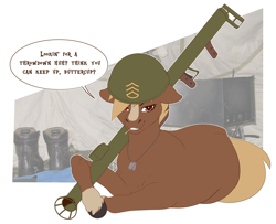 Size: 4750x3850 | Tagged: safe, artist:amaraburrger, derpibooru exclusive, sergeant reckless, earth pony, pony, army, army helmet, clothes, dialogue, female, grin, helmet, hoers, looking at you, mare, military, ponified, prone, rocket launcher, smiling, soldier, solo, speech bubble, taunting, teasing, toothpick, uniform, unshorn fetlocks, warpone