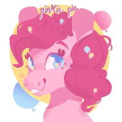 Size: 1280x1280 | Tagged: safe, artist:alabasterpeony, derpibooru import, part of a set, pinkie pie, earth pony, pony, bust, cutie mark background, cutie mark eyes, female, looking at you, mare, simple background, smiling, solo, transparent background, wingding eyes