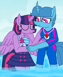 Size: 1080x1313 | Tagged: safe, artist:徐詩珮, spring rain, twilight sparkle, twilight sparkle (alicorn), alicorn, anthro, unicorn, beach, clothes, equestria girls outfit, female, lesbian, lifeguard, lifeguard spring rain, mare, shipping, springlight, summer, swimsuit, whistle