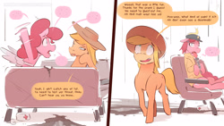 Size: 3840x2162 | Tagged: safe, artist:icychamber, derpibooru import, applejack, pinkie pie, earth pony, pony, comic:the end, comic, duo, fake wings, mute, simple background, sofa, speech bubble, text, white background