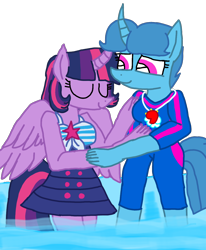 Size: 1080x1313 | Tagged: safe, artist:徐詩珮, spring rain, twilight sparkle, twilight sparkle (alicorn), alicorn, anthro, unicorn, beach, clothes, equestria girls outfit, female, lesbian, lifeguard, lifeguard spring rain, mare, shipping, simple background, springlight, summer, swimsuit, transparent background, whistle