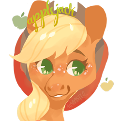 Size: 1280x1280 | Tagged: safe, artist:alabasterpeony, derpibooru import, part of a set, applejack, earth pony, pony, blushing, bust, cowboy hat, cutie mark background, female, freckles, hat, looking sideways, mare, simple background, smiling, solo, transparent background