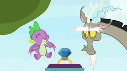Size: 1280x720 | Tagged: safe, screencap, discord, spike, draconequus, dragon, the big mac question, claws, eyes closed, fangs, happy, male, ring, sky, underfoot, wedding ring, winged spike
