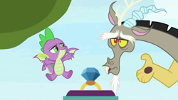 Size: 1280x720 | Tagged: safe, screencap, discord, spike, draconequus, dragon, the big mac question, claws, feet, flying, male, male feet, ring, sky, spike is not amused, unamused, underfoot, wedding ring, winged spike, wings