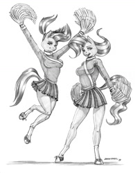 Size: 1000x1281 | Tagged: safe, artist:baron engel, lighthoof, shimmy shake, anthro, earth pony, unguligrade anthro, 2 4 6 greaaat, beautiful, busty lighthoof, busty shimmy shake, cheerleader, clothes, duo, female, grayscale, legs, looking at you, mare, miniskirt, monochrome, open mouth, pencil drawing, pleated skirt, pom pom, ponytail, shoes, skirt, socks, traditional art