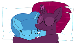 Size: 1849x1054 | Tagged: safe, artist:徐詩珮, fizzlepop berrytwist, spring rain, tempest shadow, pony, unicorn, broken horn, eyes closed, female, horn, hug, lesbian, mare, pillow, shipping, simple background, sleeping, springshadow, transparent background