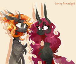 Size: 2178x1824 | Tagged: safe, artist:manella-art, oc, oc only, changeling, pony, unicorn, curved horn, fangs, female, horn, mare, red changeling