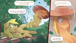 Size: 3840x2162 | Tagged: safe, artist:icychamber, derpibooru import, applejack, earth pony, pony, comic:the end, belly button, bush, comic, duo, speech bubble, text