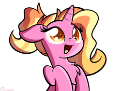 Size: 2048x1536 | Tagged: safe, artist:kimjoman, luster dawn, pony, unicorn, the last problem, chest fluff, cute, eye sparkles, female, lusterbetes, mare, open mouth, signature, simple background, solo, white background, wingding eyes