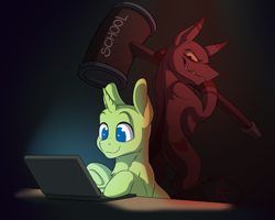 Size: 2500x2000 | Tagged: safe, artist:klarapl, oc, oc only, pony, unicorn, anticipation, bald, coat markings, computer, cute, dramatic lighting, female, golden eyes, grin, hammer, laptop computer, life, looking at someone, looking at something, male, mare, metaphor, oblivious, ponysona, reality sucks, relatable, school, simple background, sitting, smiling, stallion, standing