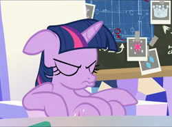 Size: 1323x983 | Tagged: safe, screencap, twilight sparkle, twilight sparkle (alicorn), alicorn, pony, sparkle's seven, chalkboard, cropped, duckface, eyes closed, floppy ears, friendship throne, grumpy, grumpy twilight, madorable, pouting, sitting, slouching, solo