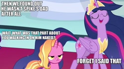 Size: 960x540 | Tagged: safe, edit, edited screencap, screencap, luster dawn, princess twilight 2.0, twilight sparkle, twilight sparkle (alicorn), alicorn, pony, unicorn, father knows beast, the last problem, caption, exploitable meme, image macro, implied sludge, luster dawn is not amused, meme, mid-blink screencap, older, older twilight, text, twilight 2.0's reminiscences, we don't normally wear clothes