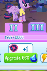 Size: 222x334 | Tagged: safe, twilight sparkle, twilight sparkle (alicorn), alicorn, pony, 666, clothes, cursed image, dress, female, game, gameloft, gameloft shenanigans, lightning, roman numerals, shield, solo, video game, wings