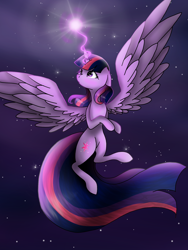 Size: 1536x2048 | Tagged: safe, artist:valiantstar00, twilight sparkle, twilight sparkle (alicorn), alicorn, pony, cutie mark, female, flying, glowing horn, horn, large wings, long tail, magic, mare, night, solo, space, spread wings, starry night, stars, wings
