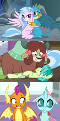 Size: 679x1359 | Tagged: safe, screencap, gallus, ocellus, sandbar, silverstream, smolder, sweetie belle, yona, changedling, changeling, classical hippogriff, dragon, earth pony, griffon, hippogriff, pony, yak, school raze, what lies beneath, bow, cave, cloven hooves, colored hooves, cute, diaocelles, diastreamies, dragoness, duo, duo focus, female, gallabetes, glomp, hair bow, hilarious in hindsight, hug, implied gallstream, implied lesbian, implied smolcellus, implied straight, implied yonabar, jewelry, looking at each other, male, monkey swings, necklace, nervous, nightmare cave, not sure if want, sandabetes, shipping denied, shipping fuel, smiling, smolderbetes, student six, teenager, yonadorable